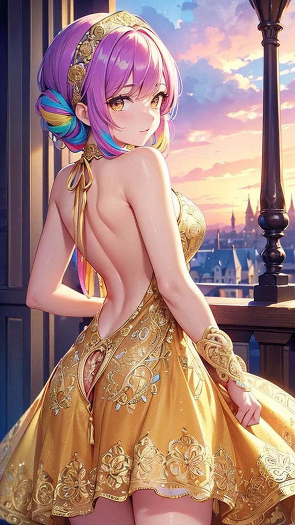 ((highest quality)),(ultra high resolution),(Super detailed),(detailed description),((best CG)),(best work of art),super precision art,great drawing art,(Art with precise details:1.5), (1 noblewoman:1.6),beautiful and well-shaped face:1.5,light makeup:1.6,(Colorful backless dress with intricate details:1.8),coiffed hair:1.6, old castle balcony:1.5,sunset sky:1.5