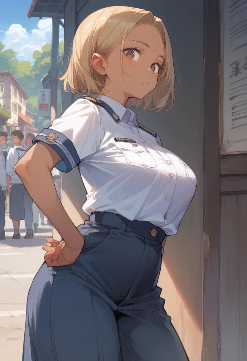 Erotic Anime Illustration、best image quality、Plump gal police officer exposed naked at police box、Artoria、perfect proportions、Overwhelming big breasts that go beyond common sense、thick legs with fat、cowboy shot、ecstatic expression、expose the vagina