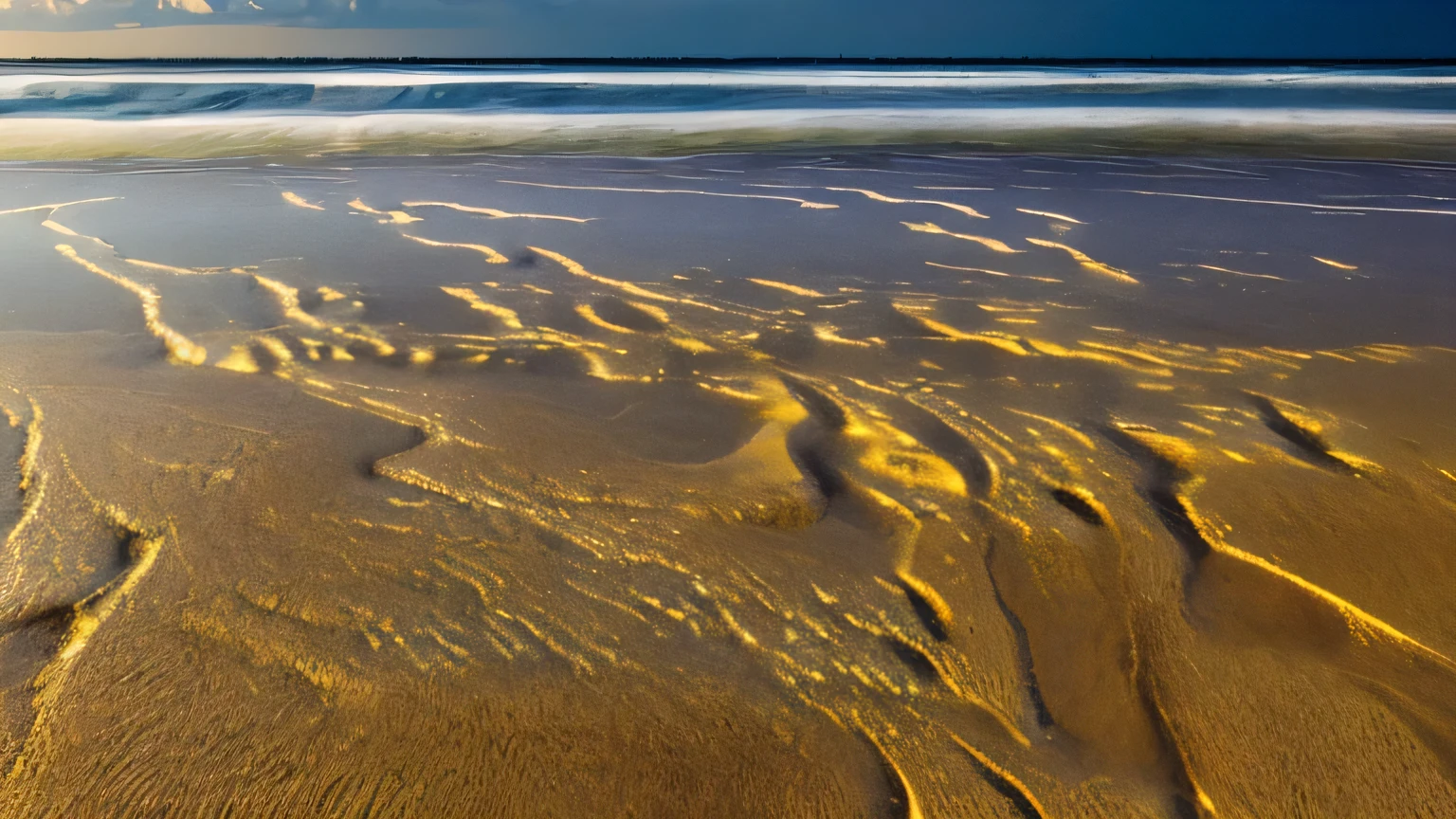 A hyper-realistic photograph of a quiet beach at night, with fine sand gently touched by calm, soft waves. The full moon casts a subtle glow over the scene, reflecting naturally on the slightly rippling ocean. The horizon is barely visible, blending into the dark, cloudless sky. The shoreline, with its fine sand texture, is clearly defined, showing intricate details in the moonlight. Distant city lights shimmer faintly on the horizon. The scene is entirely realistic, captured with precise natural lighting and colors—deep blues, silvery moonlight, and sandy earth tones—without any artistic or illustrative elements.