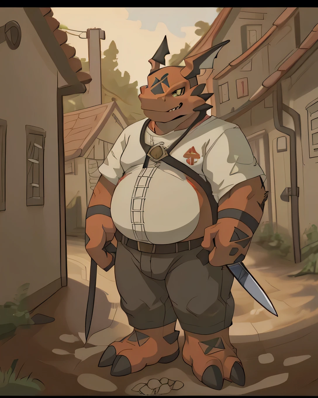 solo, guilmon, anthro, male, moobs, overweight, round face, anatomically correct eyes, wearing medieval shirt and pants, sabe sword , looking at viewer, outdoors, path, dirt path, daytime, village in background