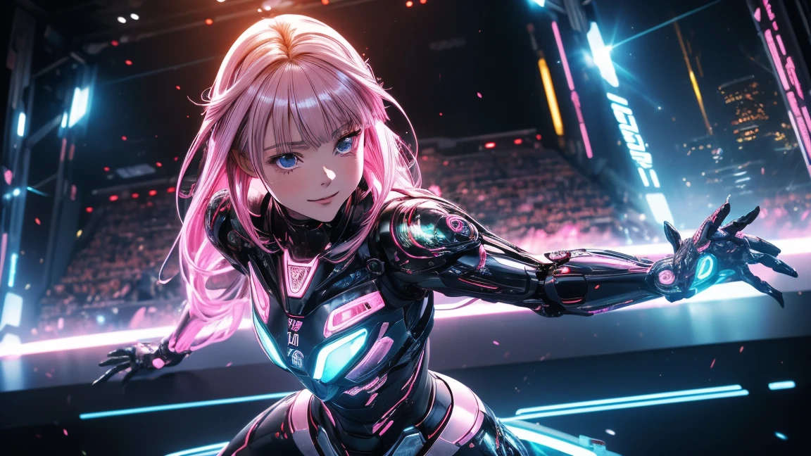 (8k, masterpiece:2.0, anime:1.6, realistic:1.4, best quality, ultra high resolution, ultra-detailed, beautiful illustration:1.6) Create a high-resolution anime-style illustration of a female idol in a near-future world. The image should feature a young woman with both human and mechanical features, performing on a futuristic stage. Her appearance should blend organic beauty with sleek, technological enhancements such as LED lights integrated into her skin or hair, or partially visible cybernetic limbs. The idol's outfit should be a fusion of traditional idol fashion and futuristic design, incorporating holographic elements or shape-shifting materials. The background should depict a high-tech concert venue with advanced lighting systems, floating holo-screens, and a diverse audience of humans and robots. Use a color palette that combines neon hues with metallic tones to emphasize the near-future setting. Ensure the idol's expression conveys both the warmth of a human performer and the precision of a machine. Balance the anime style with realistic textures and lighting effects to create a convincing blend of organic and mechanical elements.