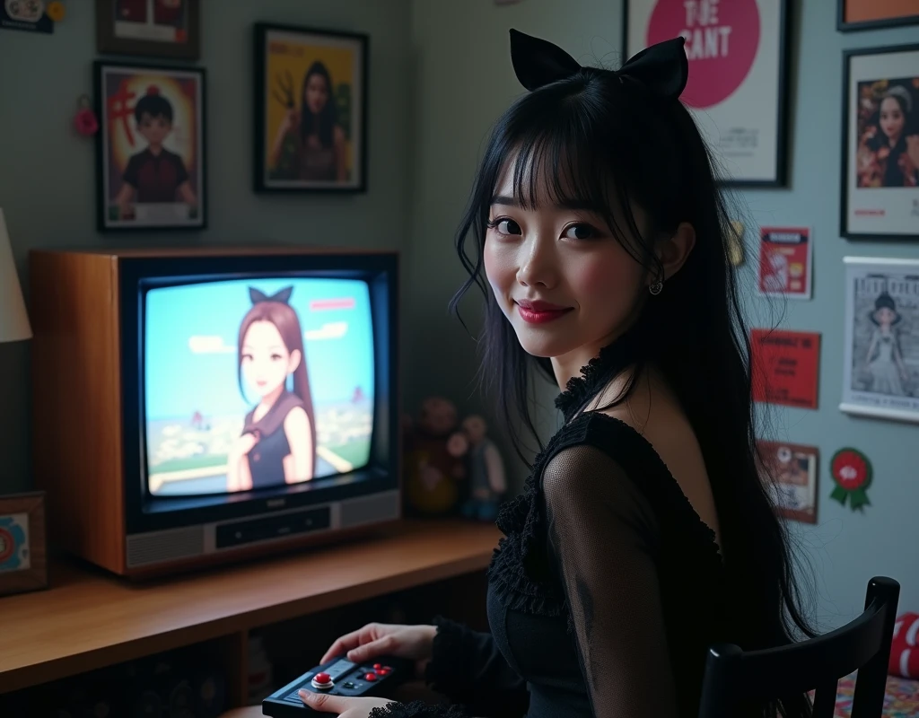 1girl,anime,hair black with red hat,blue shirt,cat hat pink,y2k
