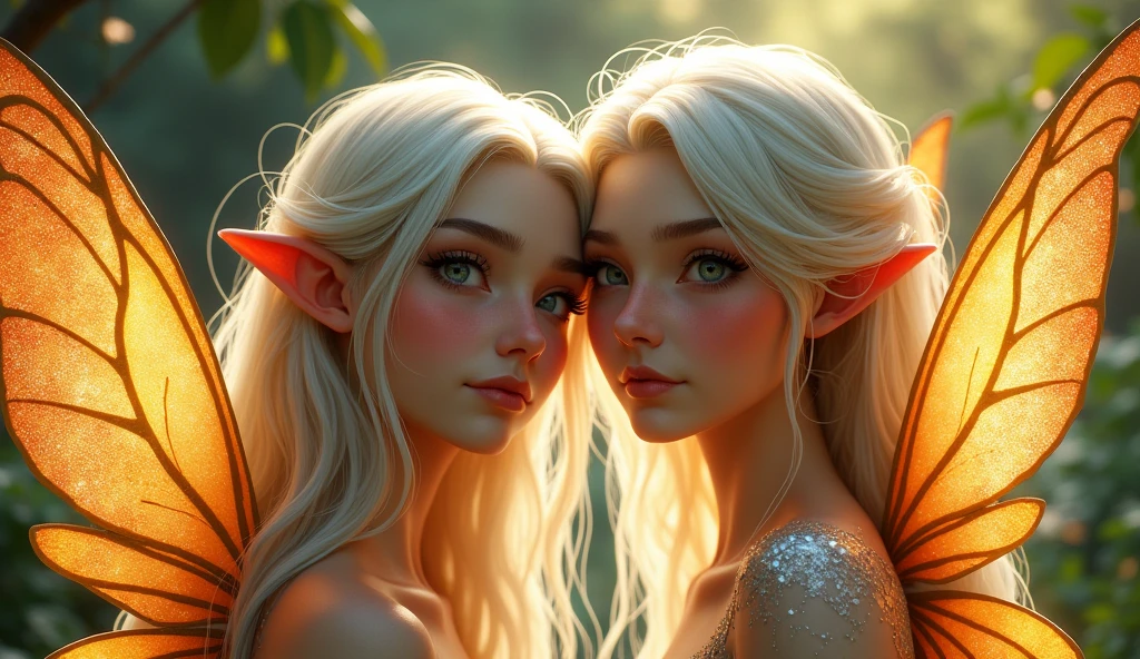 Masterpiece, 2 beautiful mature female elves embracing, chest to chest, beautiful elf dress, passionately kissing, having sex, braided white hair, ((small)) firm perky breasts, slim athletic body, tall, mysterious expression, fantasy forest, HD, (detailed skin texture:1.1), best quality, ultra high res, (photorealistic: 1.4), Raw photo, by Ellen von Unwerth, Nikon D850 Film Stock Photography, F1.6 Lens, Rich Colors, Realistic, Cinestill 800, backlight, rimlighting, sunlight