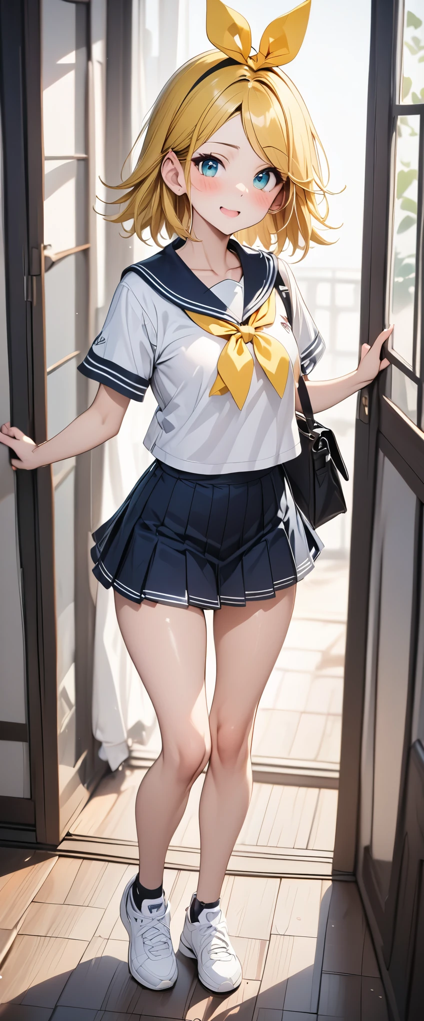 (Anime face), (((Kagamine Rin))), ,(The sailor suit is white and yellow),（mini skirt）（Black inner spats） masterpiece, Best Quality, Best Quality, 16k, Very detailed, 2.5D, AI-generated, Delicate and dynamic, Very delicate facial expression, Delicate eye depiction,Big eyes and cute、 Healthful, Height: 155cm, Cute little breasts:.0.4 、blush, ((Beautiful legs)), Shiny, (Pure white background)、（（Anatomically correct body））、（Very seductive to the viewer）（Focus is on the face）（The background is blurred:1.6）（（Full body view:2.0））Sports sneakers are white and yellow