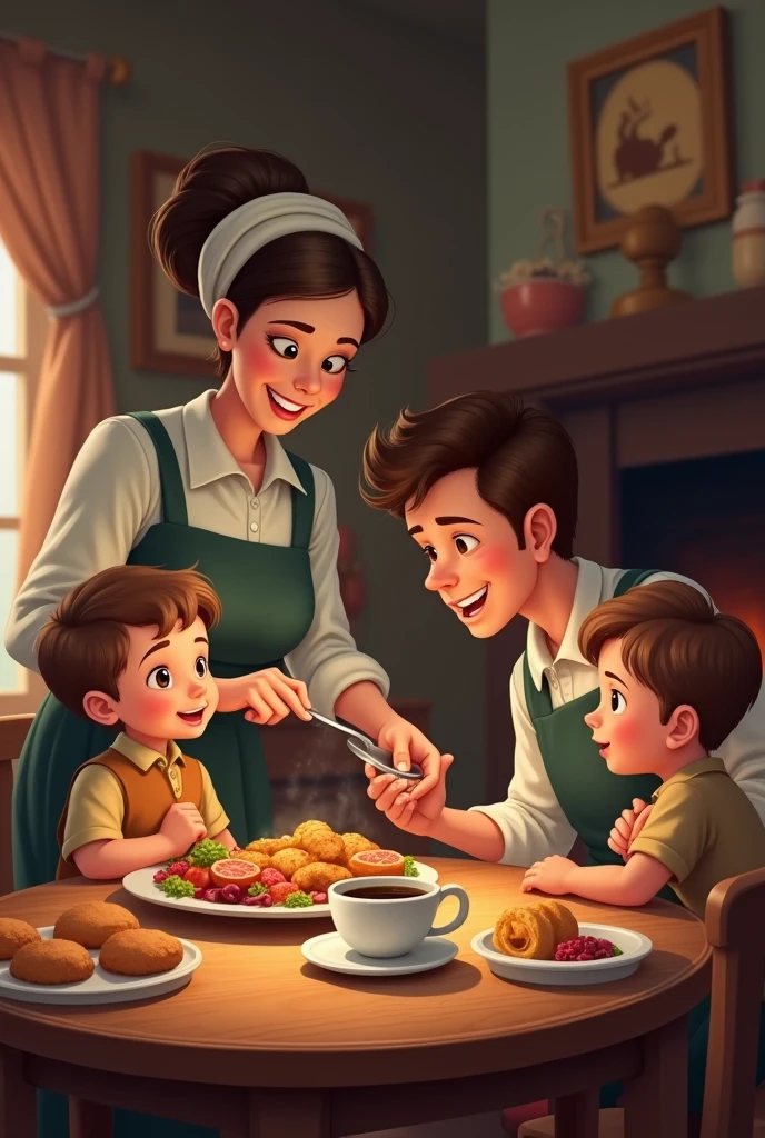 Logo cover for restaurant with Japanese characteristics, Italian pasta dough, Brazilian family, woman with medium blonde hair tied up, cooking with her long black haired Japanese husband, a 4 year old cooking with curly light brown hair cooking together and a 2 month old Japanese baby on her husband's lap, with the name of the restaurant written "PraJapa", Indian spices and bottle of beer