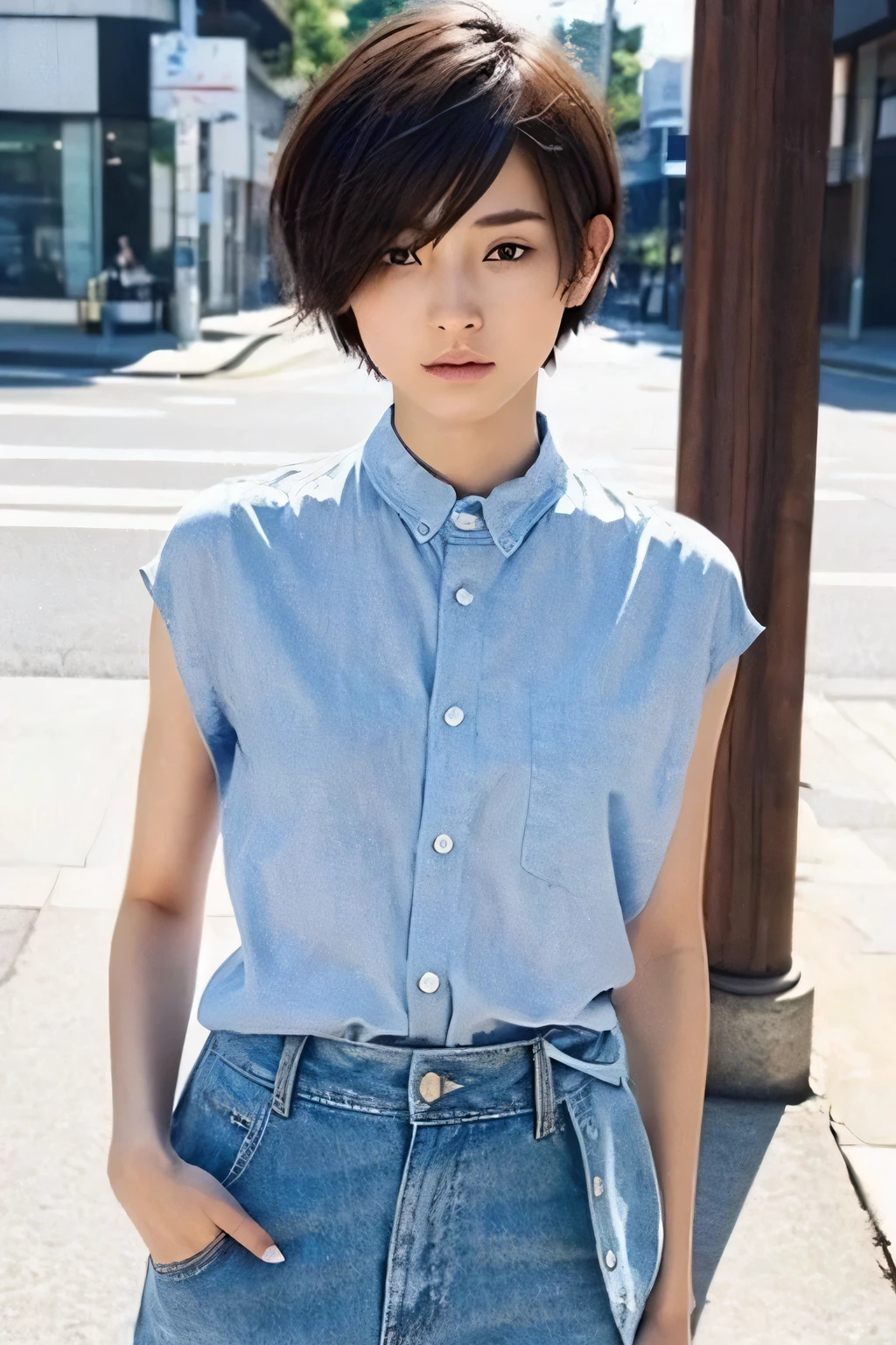 One girl, solo, androgynous、Short Hair、Japanese、boyish,Beautiful, 2