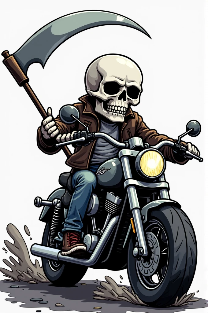 Written emblem "IRON HORSE" with a funny skeleton wearing a helmet with sunglasses, 50&#39;s cartoon style at high speed, with smoke, underneath there is a ribbon written "Ride to Live, Live to Ride"