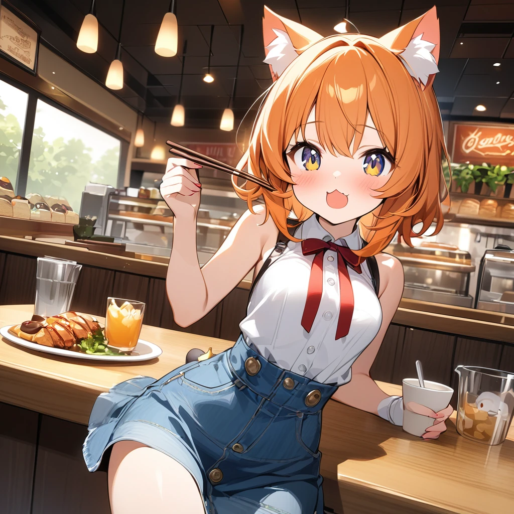 Young girl、Very cute、small、Firm breasts、Denim skirt、Orange Hair、High Quality Backgrounds、restaurant、cat ears、cat&#39;S-tail、Eating rice、Embarrassing、Crowded、Falling、Top-down view、Panties are visible