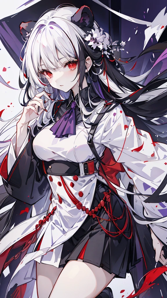 Black Bear，Two-tone hair，The right half is white hair，The left half has black hair，There is a white V in the middle of the hair，Red eyes，slim figure，black military uniform，Purple Shawl，white collar，Purple