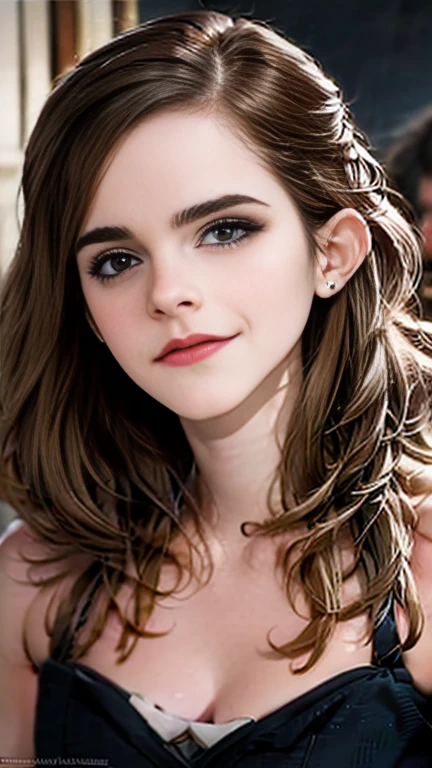A realistic portrait, Surrealism female students, ultrarealistic digital art, hyper realistic digital painting, Emma Watson, ultra-realistic picture，Close-up of individual sitting on sofa holding mobile phone, Sexy dress, is wearing  dress, Cute dress, pretty face with arms and legs, cute girl wearing tank suit, Bandeau dress, leotard skirt,  young and cute girl, Nice and cute Catwoman