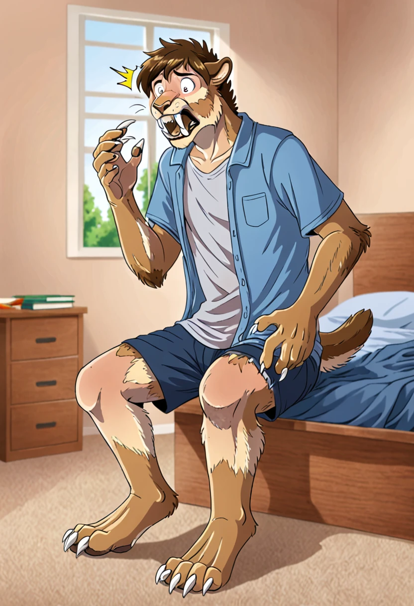 Solo, human male transforming into anthro saber-toothed smilodon, anime, ager, sitting, bedroom, school clothes, shocked, transformation,