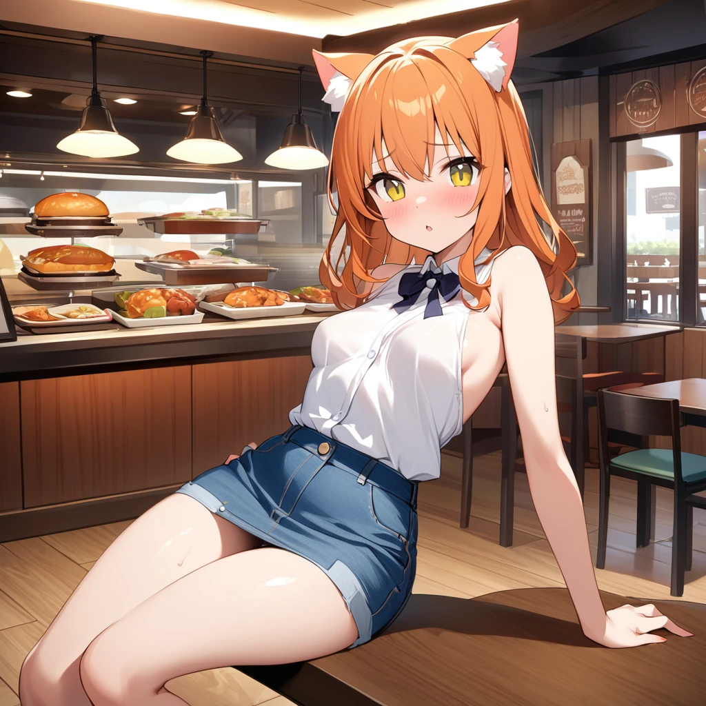 Viewer discretion advised、Young girl、Very cute、small、Firm breasts、Denim skirt、Orange Hair、High Quality Backgrounds、restaurant、cat ears、cat&#39;S-tail、Eating rice、Embarrassing、Crowded、Falling、Top-down view、Panties are visible