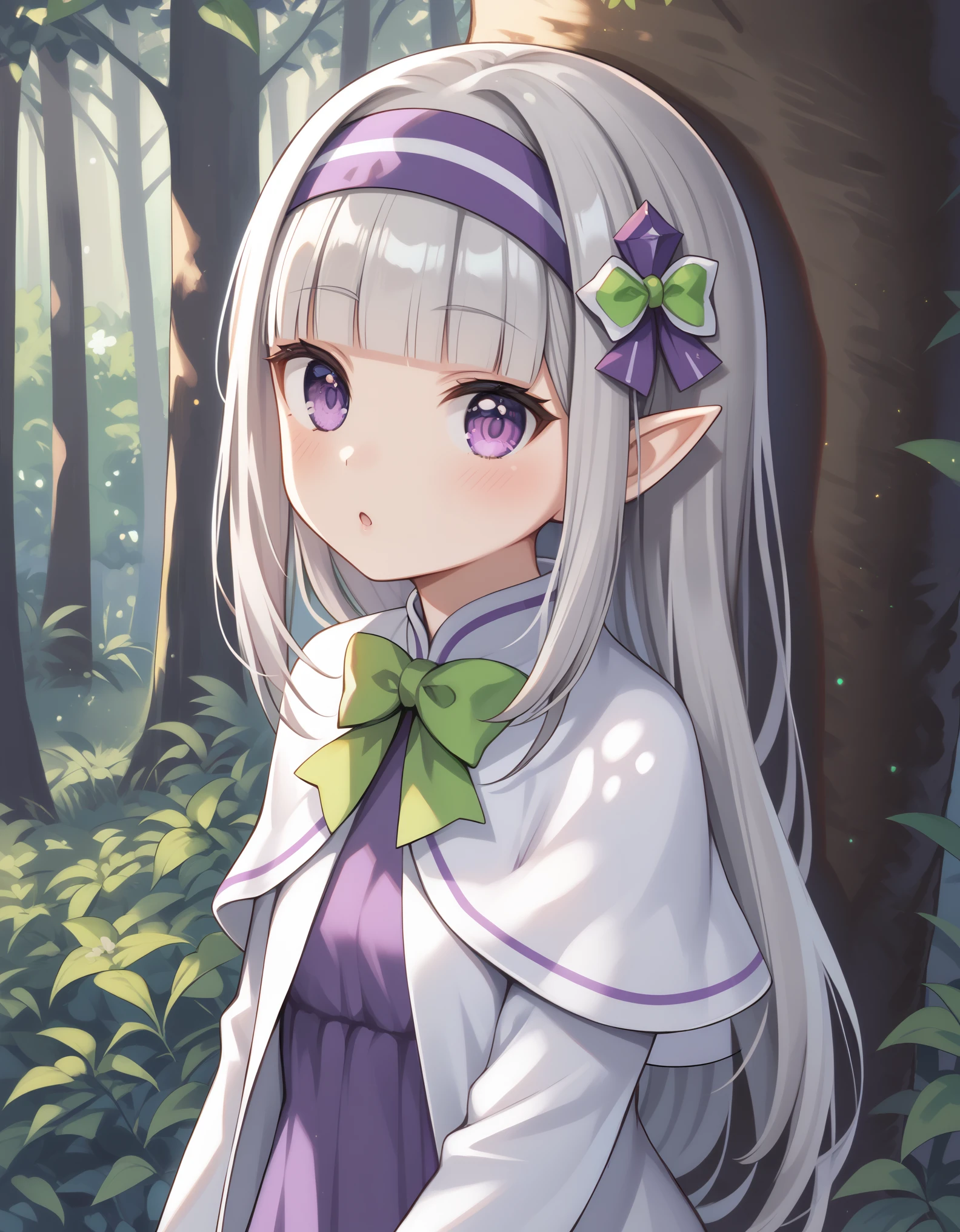 1girl, forest, peeking out upper body, behind tree, purple eyes, hairband, long hair, grey hair, pointy ears, blunt bangs, white capelet, purple dress, green bow, long sleeves, score_9, score_8_up, score_7_up, source_anime, 