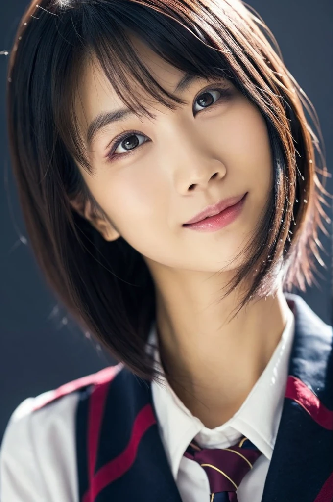 1 girl, (White shirt with red tie, Wearing a navy blue jacket:1.2), Very beautiful Japanese idol portraits, 
(RAW Photos, highest quality), (Realistic, Realistic:1.4), (masterpiece), 
Very delicate and beautiful, Very detailed, 2k wallpaper, wonderful, finely, Very detailed CG Unity 8K 壁紙, Very detailed, High resolution, Soft Light, 
Beautiful detailed girl, Very detailed目と顔, Beautiful and sophisticated nose, finely beautiful eyes, Cinema Lighting, 
(Simple light color background:1.3),
(short hair), (bangs), 
Complete Anatomy, Slender body, Small breasts, smile