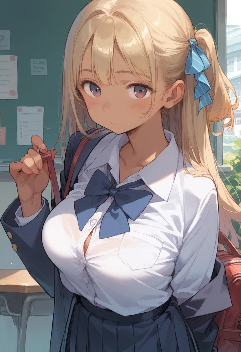 JK Gal、Brown Skin、blonde、Big Breasts、School Uniform、Holding a Chupa Chups