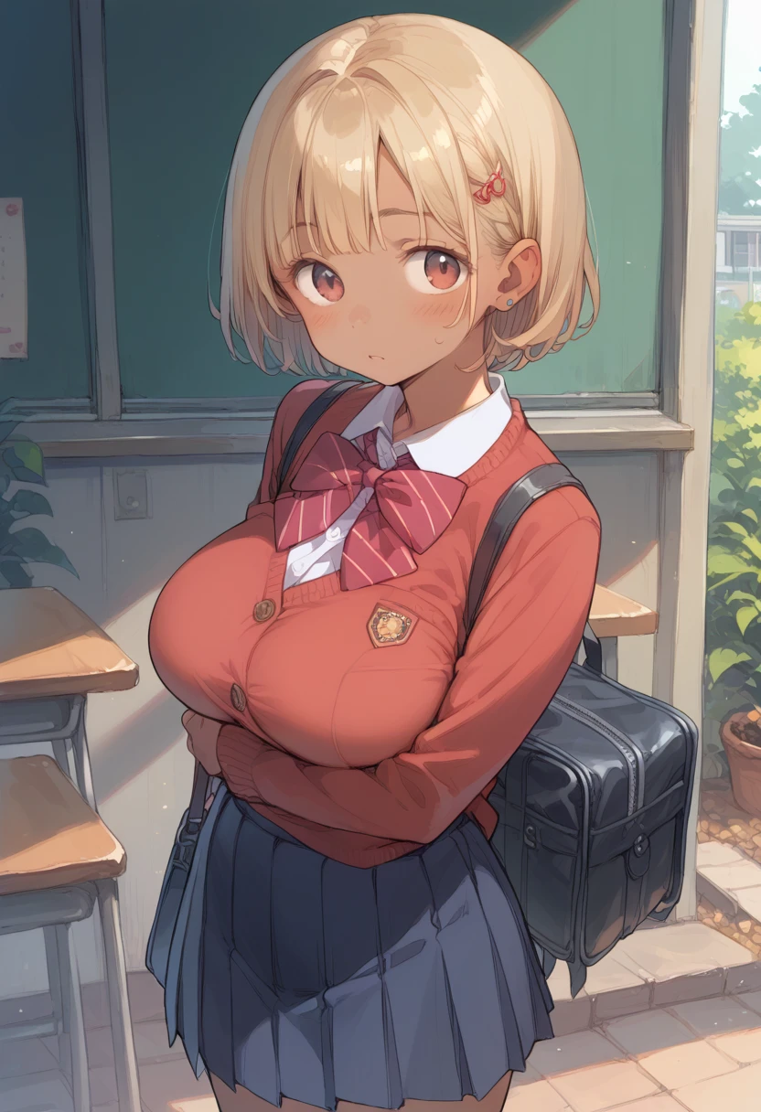 JK Gal、Brown Skin、blonde、Big Breasts、School Uniform、Holding a Chupa Chups