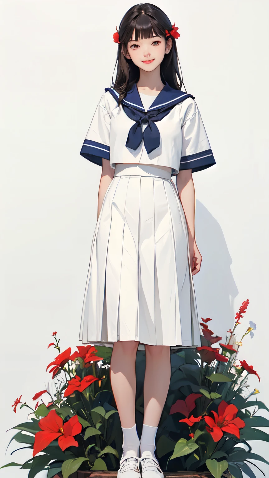(1 girl、Alone、whole body、Natural standing posture)、(whole body:1.4)、(Portraiture:1.2)、(Detailed facial depiction、A kind smile)、Short dark brown hair、White Sailor Suit、Navy blue sailor collar、Uniform、Long skirt、Pleated skirt、shoes、(Vintage、Classic)、(Red canna flowers blooming)、((No background))、((white background))、Blur the background、((Sargent's Watercolor of the Singer))、Impressionist paintings、(Best Quality、masterpiece)、