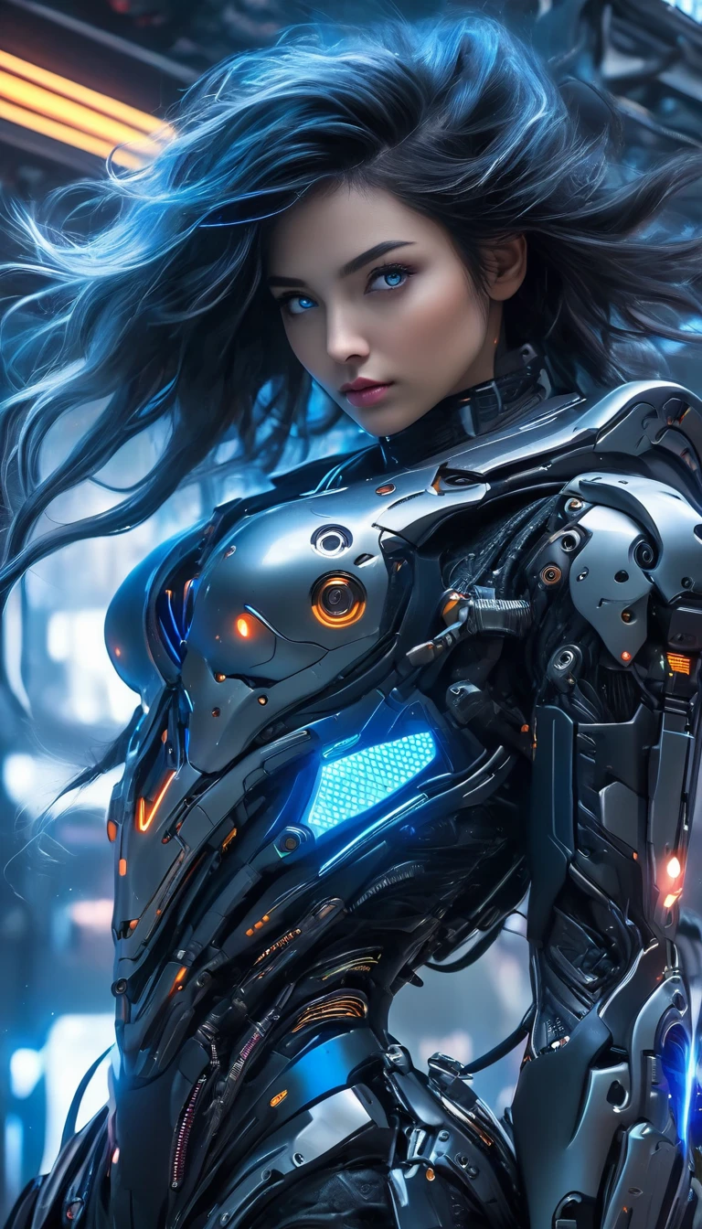 (Best Quality, 4K, 8k, High resolution, masterpiece: 1.2), (Very detailed, Realistic, Realistic:1.37), Futuristic衣装を着た女性, A woman wearing exoskeleton cyber armor, The armor fits snugly、((She has a plasma gun in her hand)), Full body photo, Maximum details, Superior quality through precise drawings, 8k,chest, blue eyes, High resolution, 超High resolution, Best Quality, Shortcuts, Big chest, Cinematic Lighting Effects, Futuristic, 美しいBlack Hairの女性, blue eyes, Cyberpunk style woman, ((Inside a high-tech spaceship)), High-quality images、Black Hair, Shortcuts,