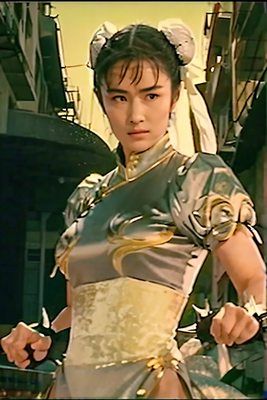 Chunli, Silver costume, Make a poster for a fighting movie, Hollywood Style, The facial details are accurately depicted, The details of the clothes are accurately depicted, two white buns, High image quality, 映画ではChunliが宿敵に敗北します, ポスターの中ではChunliが強力な敵に追い込まれている様子を描いてください, Create a dark atmosphere by depicting rain and night., Please suggest that there is a formidable enemy., The title of the movie is「Chunli無惨〜Beautiful Martial Artist、Fallen before a sworn enemy！」, Please include the title of the movie