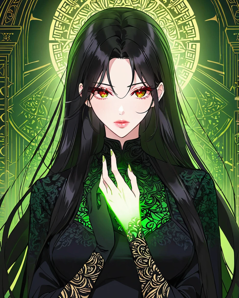 A dark, stylized portrait of a mysterious woman with long black hair and piercing red eyes. She wears a form-fitting black outfit adorned with intricate textures and glowing green accents. Her facial expression exudes confidence, with one hand raised thoughtfully to her lips. The background features a subtle gradient of light green, enhancing the overall eerie and captivating ambiance of the image.
