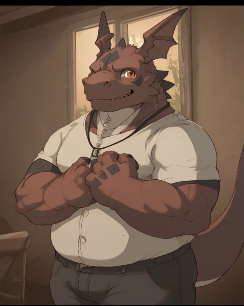 solo, guilmon, anthro, male, round face, stocky body type, young adult, anatomically correct eyes, wearing medieval shirt and pants , looking at viewer