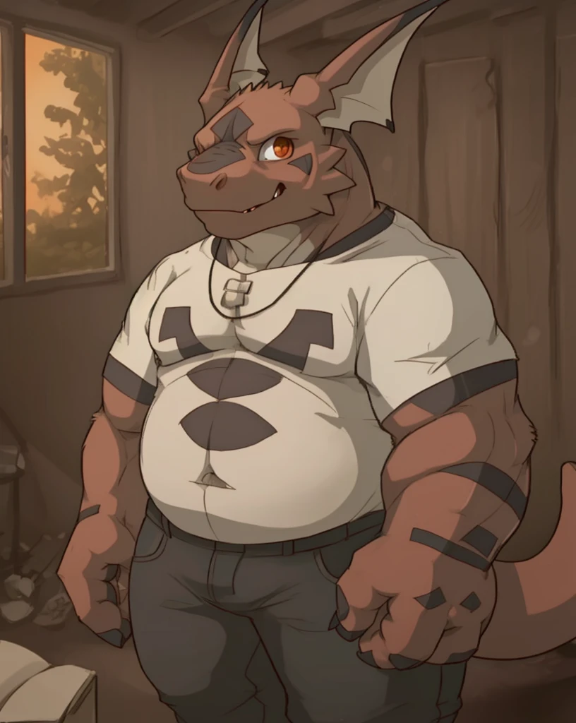 solo, guilmon, anthro, male, round face, stocky body type, young adult, anatomically correct eyes, wearing medieval shirt and pants , looking at viewer