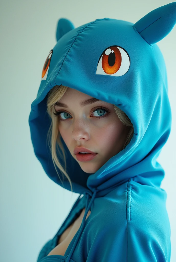 create a mascot shaped like the letter M in blue, greeneyes, baby's face