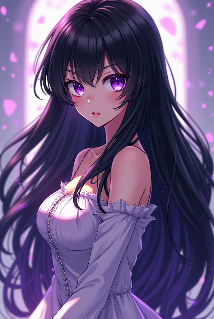 Anime girl with huge tits and black hair and purple eyes