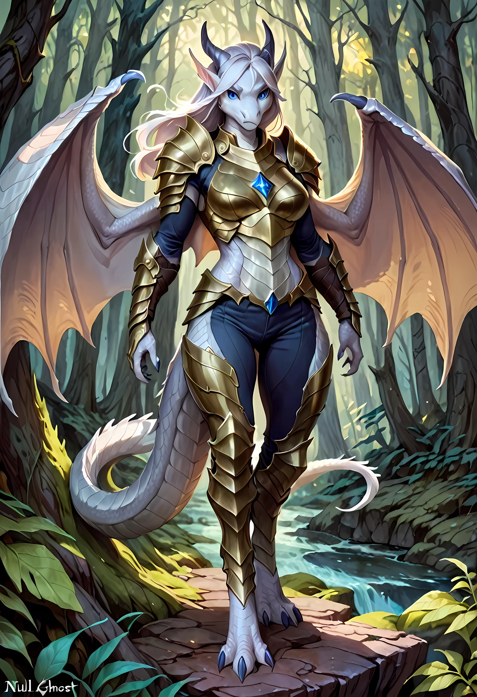 (solo), female anthro dragon, blue eyes, by null-ghost, cool, athletic, fantasy, forest, paladin, armor, pants, chestplate, wings, white hair, white scales, digitigrade,