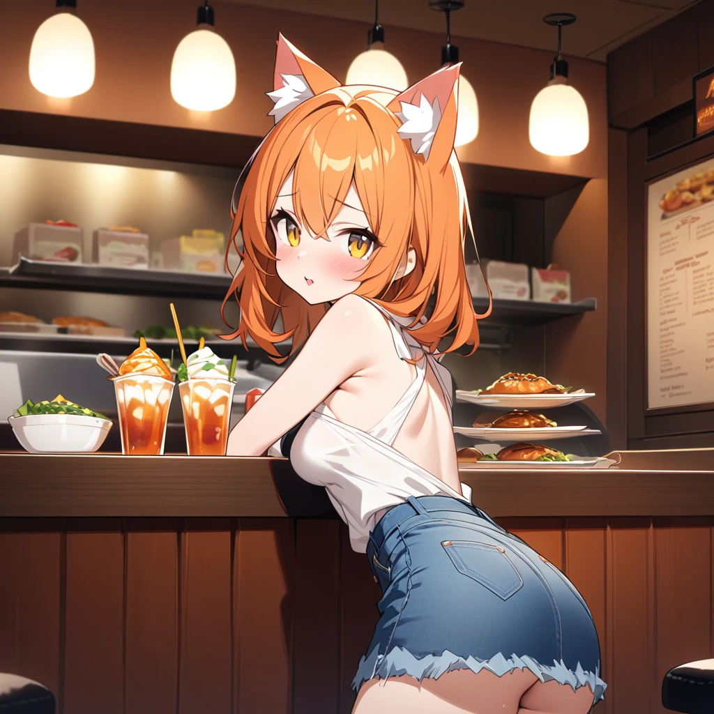 Viewer discretion advised、、Very cute、small、Firm breasts、Denim skirt、Orange Hair、High Quality Backgrounds、restaurant、cat ears、cat&#39;S-tail、Embarrassing、Crowded、Falling、Top-down view、Panties are visible、Juice overflows into my chest、Wet clothes、Pouting face