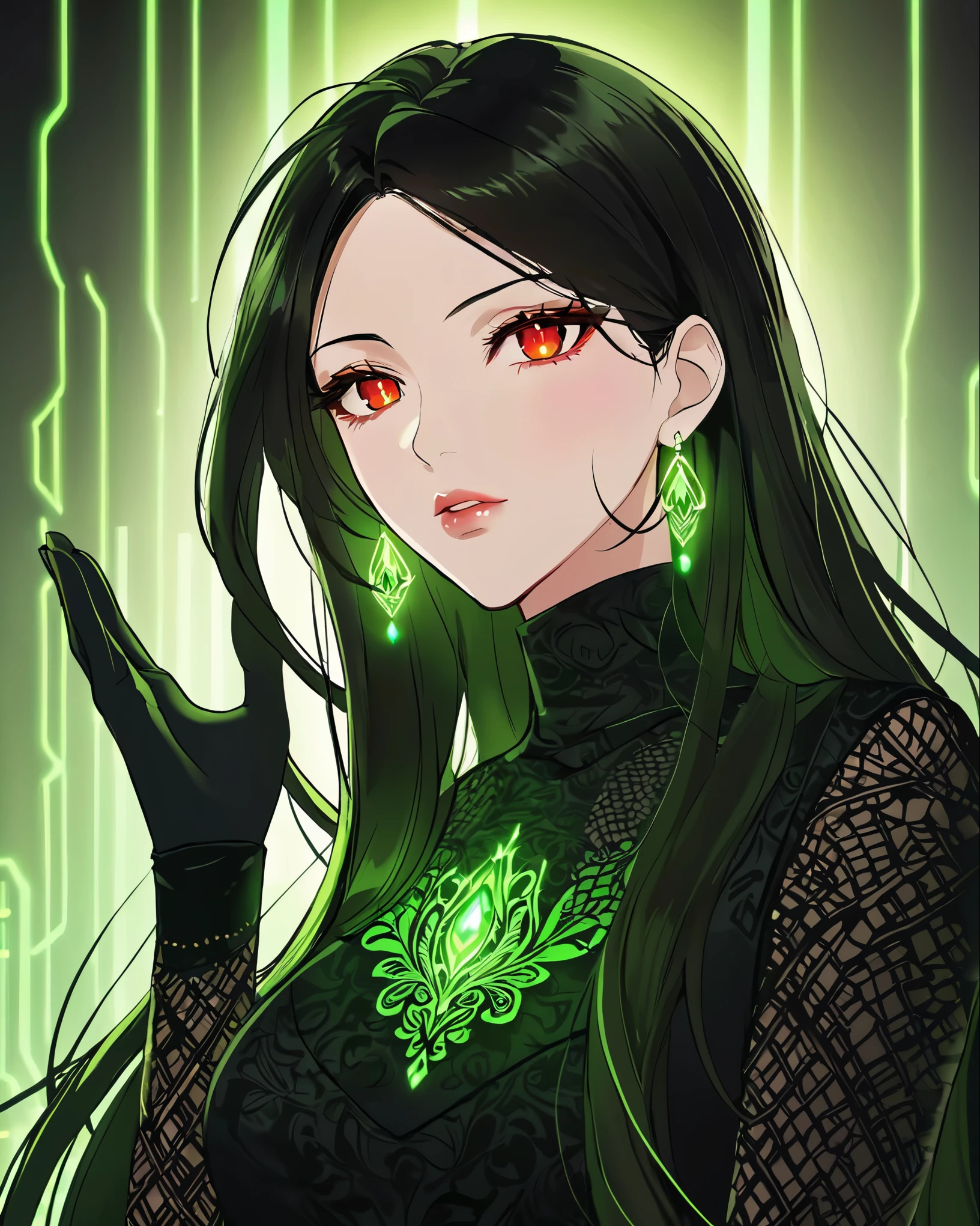 A dark, stylized portrait of a mysterious woman with long black hair and piercing red eyes. She wears a form-fitting black outfit adorned with intricate textures and glowing green accents. Her facial expression exudes confidence, with one hand raised thoughtfully to her lips. The background features a subtle gradient of light green, enhancing the overall eerie and captivating ambiance of the image.
