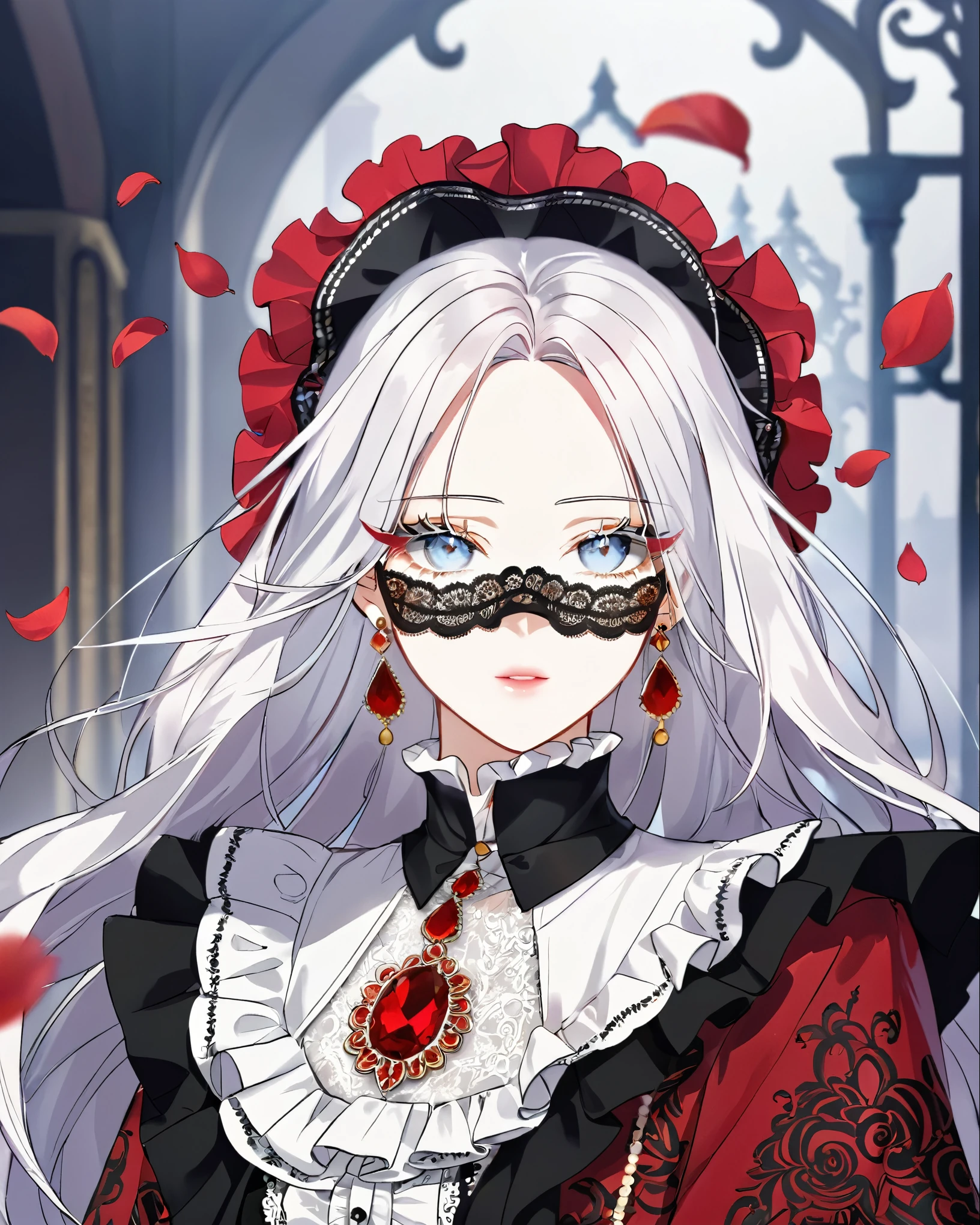 A detailed portrait of a character with striking features, characterized by pale skin and tousled white hair. The figure wears an intricate mask adorned with lace and jewels, partially obscuring their face. Their eyes, a vivid red, contrast with the soft white and black attire: a high-collared ruffled shirt and a richly embellished dark jacket. Delicate jewelry, including a dangling earring, enhances the dramatic and elegant appearance. The background is softly blurred, creating a mysterious atmosphere, with subtle hints of falling petals.