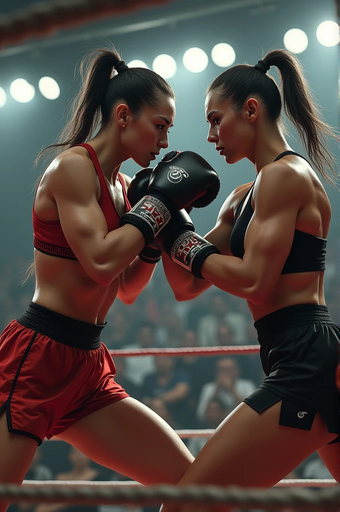 A photorealistic depiction of an intense and dynamic self-defense class. Capture the exact moment of a decisive sparring match between a Latina woman and a male opponent. The woman, characterized by her determined expression and mid-20s age, is in the midst of delivering a powerful, precise strike, showcasing her superior technique and strength. She should have distinct Latina features, including a strong, athletic build, dark hair pulled back, and confident eyes. The male opponent, slightly taller and muscular, is visibly taken aback, highlighting her victory in this exchange. The background should subtly depict a diverse group of participants of various ages, genders, and ethnicities, all watching intently, emphasizing the inclusive and supportive environment of the class. The overall tone should convey themes of empowerment, resilience, and triumph. Utilize dynamic lighting to accentuate the movement and energy of the scene, with sweat and motion blur adding to the realism. Textures should be highly detailed, from the fabric of their workout gear to the expressions on their faces, creating a truly immersive and photorealistic experience.