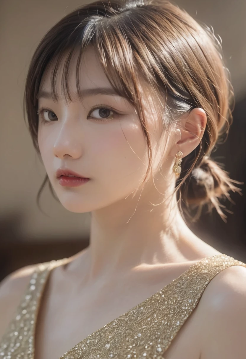 (UHD, retina, masterpiece, accurate, anatomically correct, textured skin, super detail, high details, high quality, award winning, best quality, highres, 8k, Surrealism) 、blunt bangs, hair bun, depth of field, dutch angle