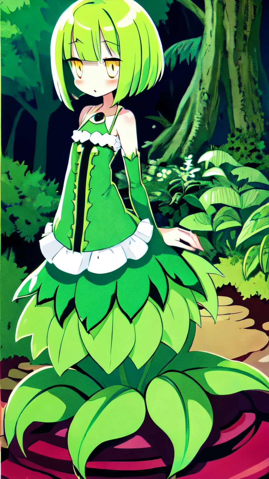 Monster girl, plant, Alraune, beautiful girl, green hair, bob haircut, bangs, yellow eyes, round eyes, slightly flushed cheeks, lower body made of plants, long floral dress, vine, root