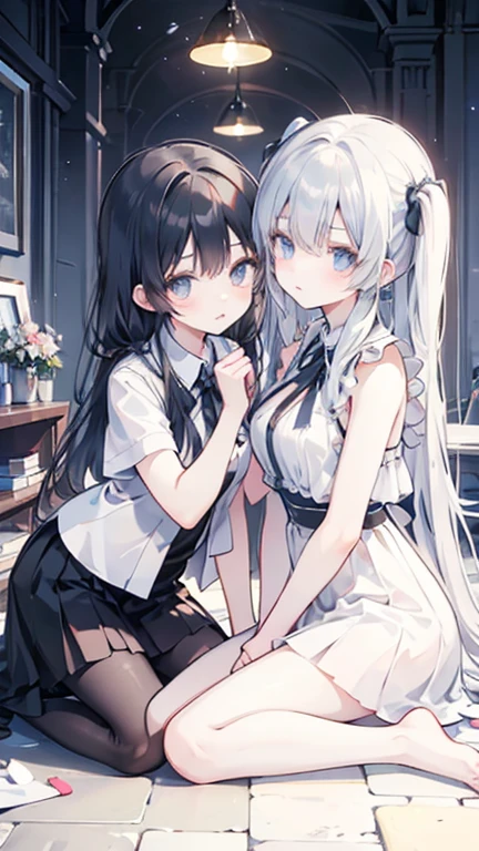 1girl, 164 cm height, tall girl, charismatic, 18 years old, navy colored hair, very long hair, white silver eyes, blue skirt, high , blue ribbon, sitting, butt form, back view, no looking, sit on chair, crouching, juicy