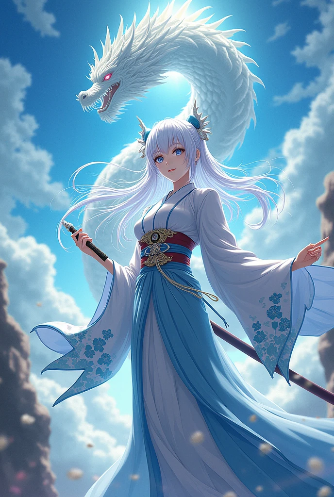 Anime, female gojo satoru, blue eyes, white hair, geisha, goddess, sword, dragon, jujutsu kaisen