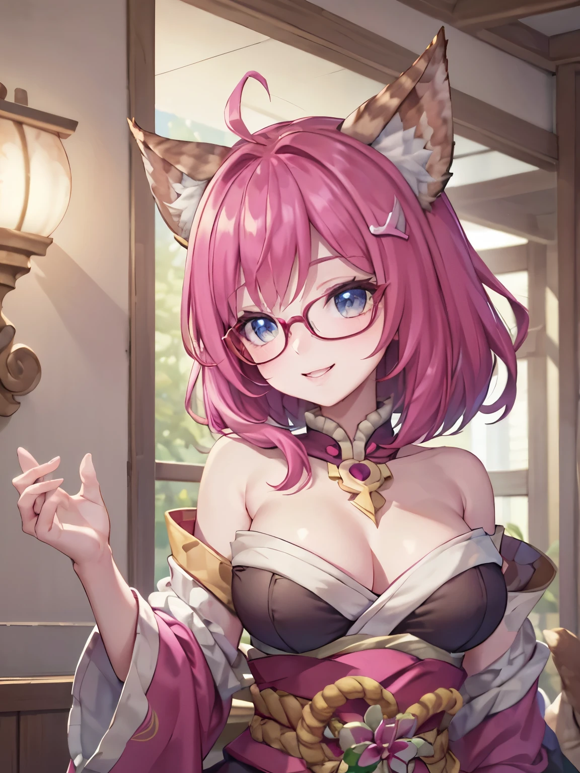 highest quality,wonderful,masterpiece,delicate,ultra high resolution,Super detailed,intricate details,beautiful,8K resolution,(Highly detailed CG Unity 8k wallpaper),sharp focus、1 female、pink hair、medium hair、vivid hair、Shaggy hair、Cat ear、big breasts、valley、Glossy skin、、short、kawaii、beautiful瞳、Red-based green kimono、Hairpin、hair ornaments、shoulder、sexy、smile、Pleasure、happiness、red glasses、