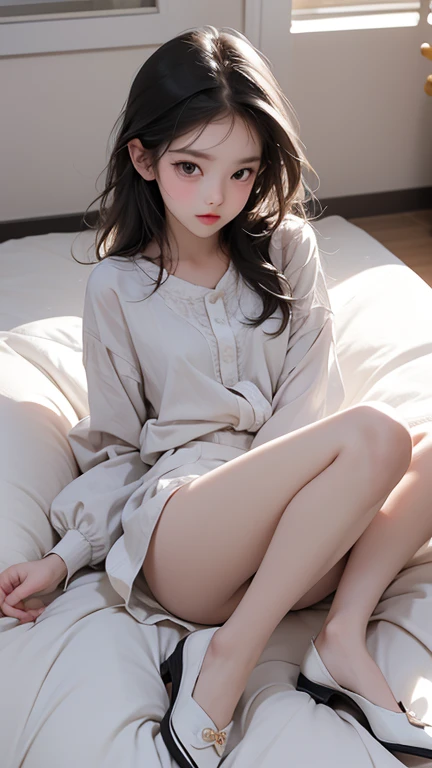 A pretty young woman photo, solo, 12 years old, masterpiece, best quality, depth of field, bokeh, ultra realistic, photorealistic, RAW photography, extremely high resolution, amazingly high detailed eyes and face, adorable, ray tracing, spreaded legs towards camera , wears white tights and white skirt, no underwear, while seated on the bed, small, , cute, shy, wet, full body, sexy, , innocent, naked, show pussy