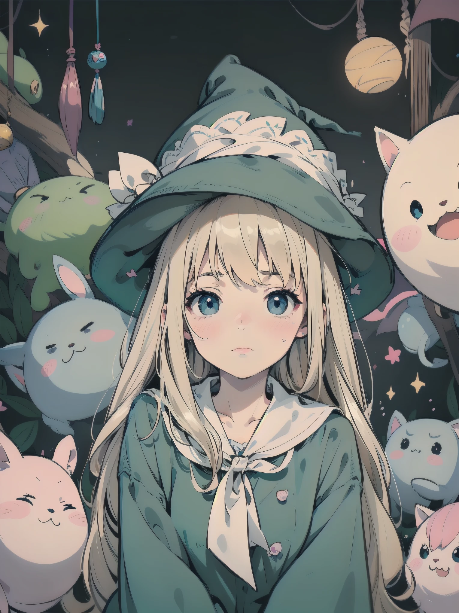 🎶, (🧙‍♀️), ✡, ✨(hat), , Alice in Wonderland, Alone, very beautiful, cute, adorable, embarrassed, alone, blue eyes, look at viewer, looking up, kawaii tech, pastel colors, kawaii, cute colors, Alice in Wonderland, alone, very beautiful, cute, adorable, embarrassed, alone, blue eyes