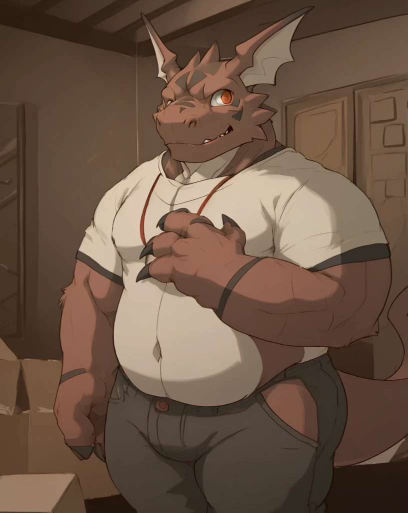 solo, guilmon, anthro, male, round face, stocky body type, young adult, anatomically correct eyes, wearing medieval shirt and pants , looking at viewer