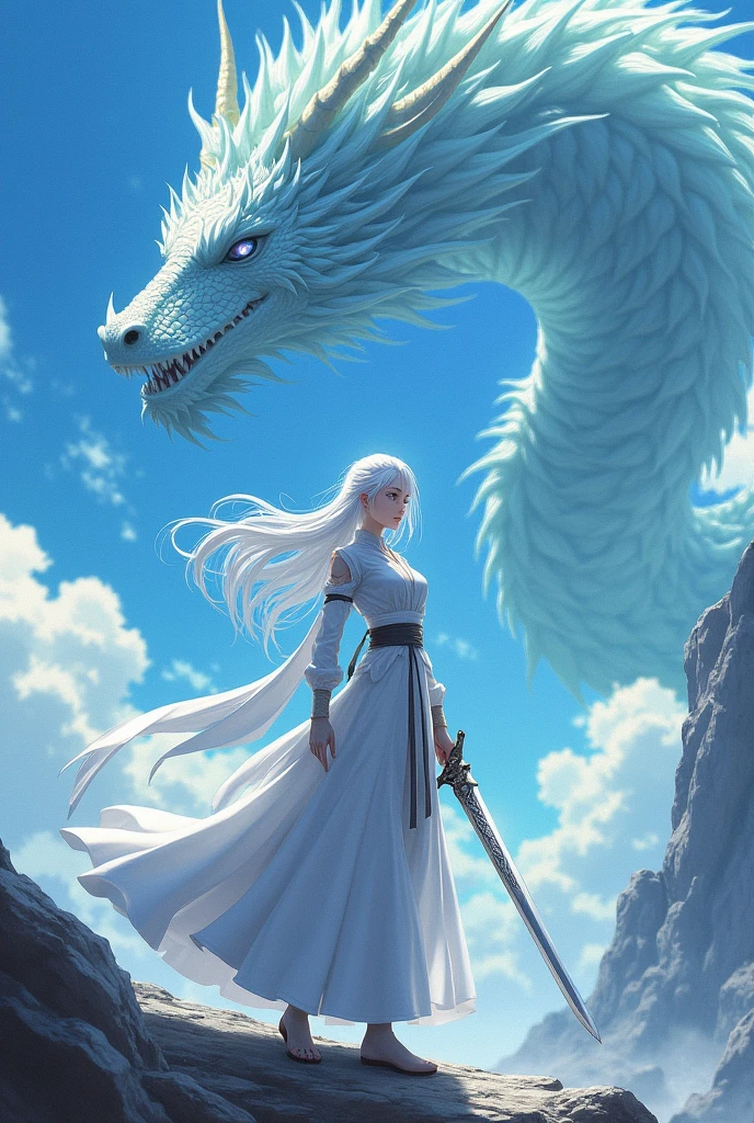 A beautiful girl in white clothes, long white hair and a giant white dragon on the side.