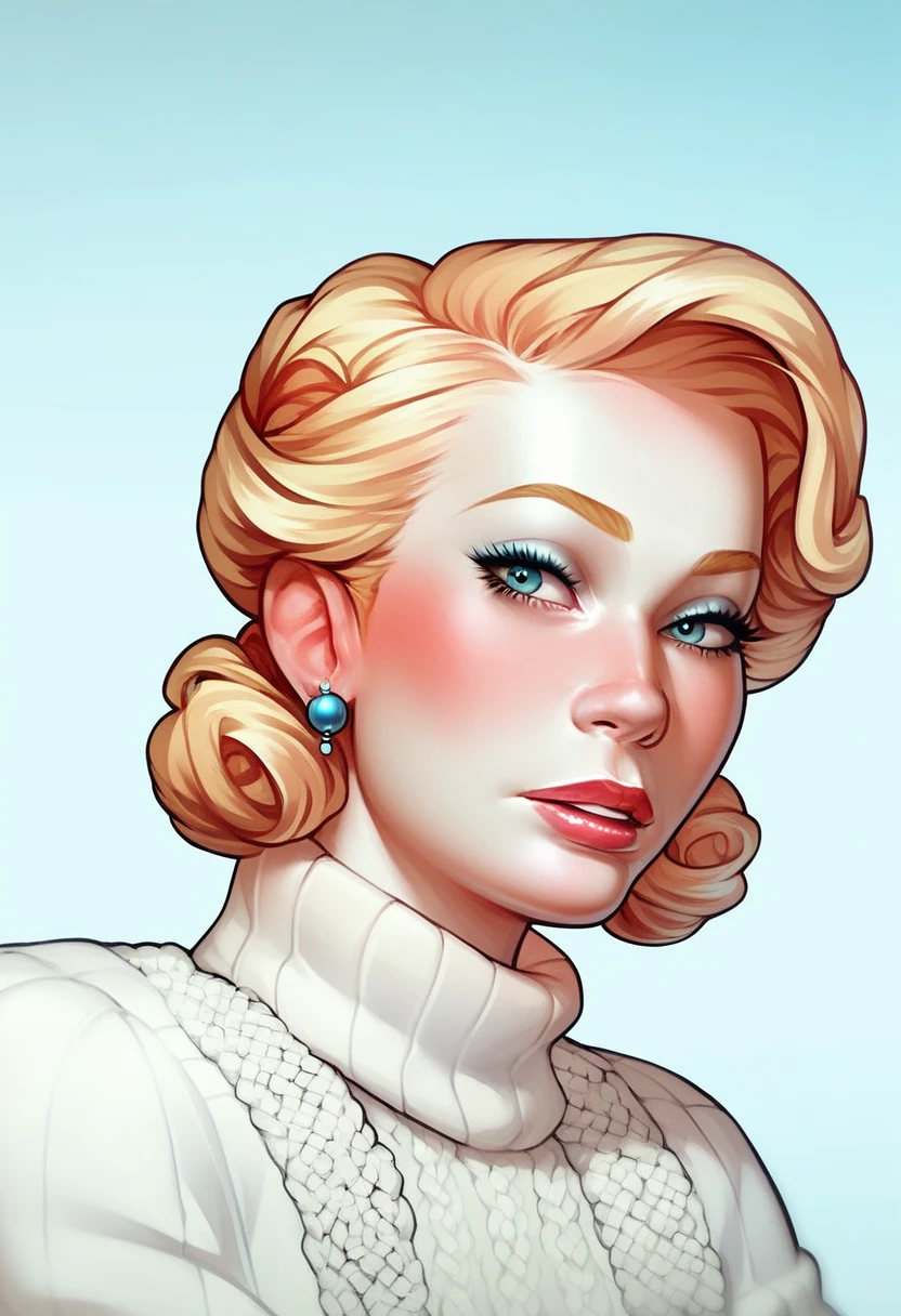 American female aristocrats in the 1920s，Blonde hair，White skin，Wear a white sweater on the upper body，Solid color background，flux, traps, [[Alone]], [1girl]，Style