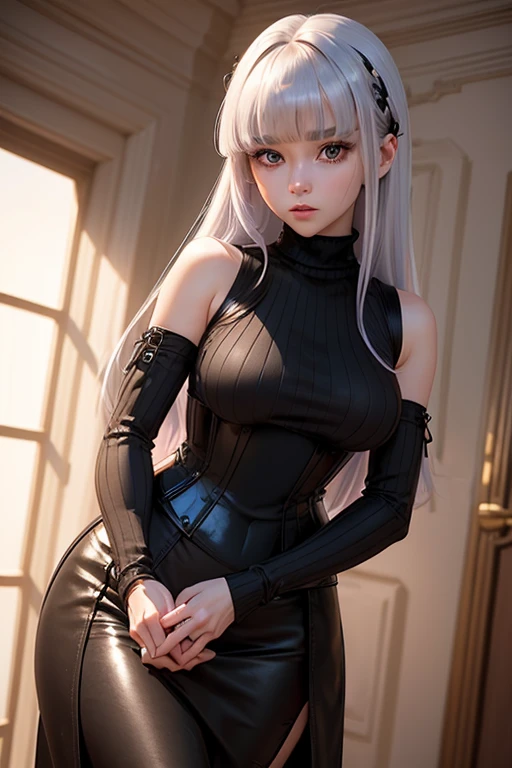 a 21 year old nurse in a black leather outfit, ball jointed doll, (extremely detailed, high quality, masterpiece, photorealistic), pale skin, sweating, bondage, holding a pencil, panties, hans bellmer, very hot room