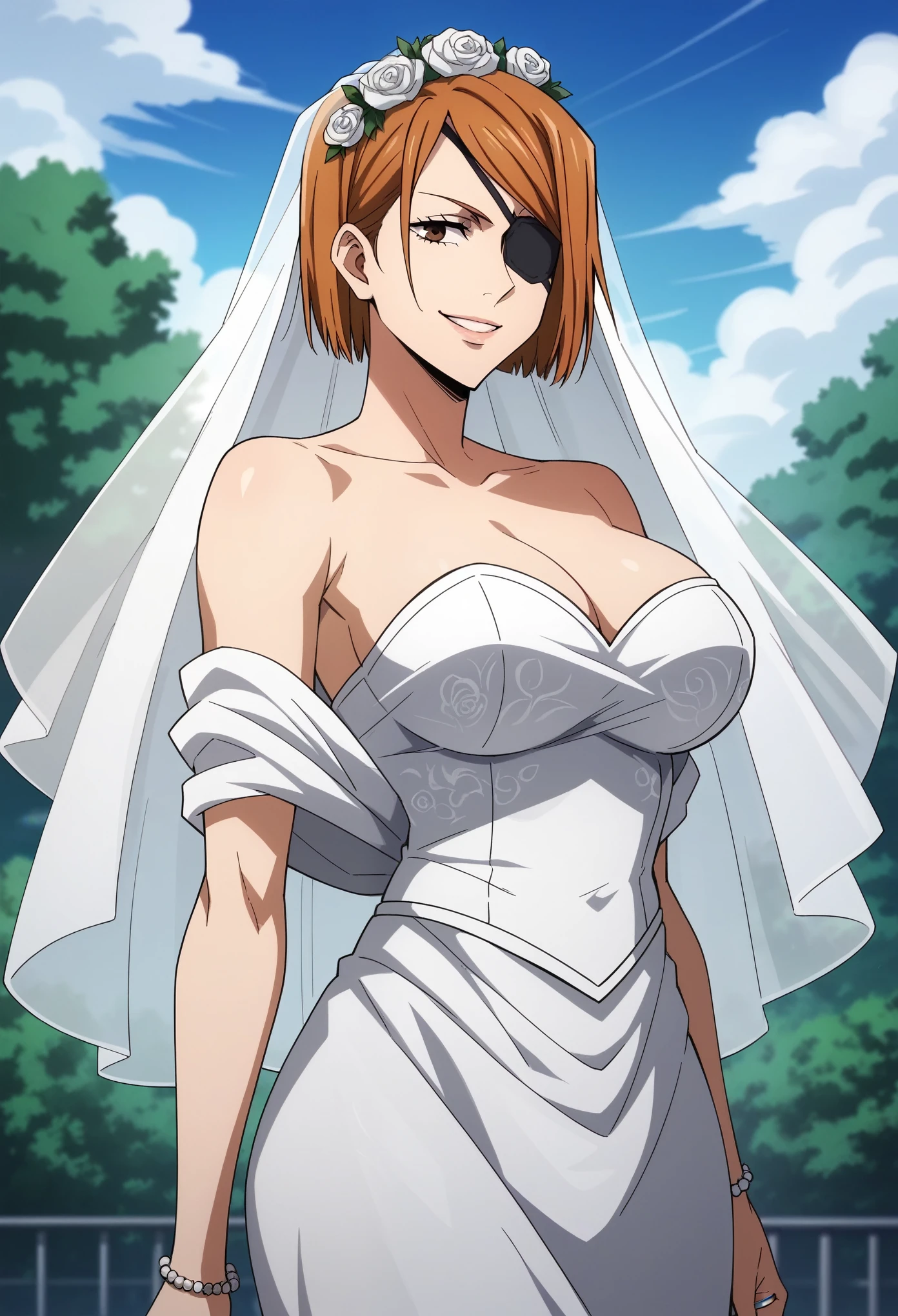 score_9, score_8_up, score_7_up, source_anime, 1girl,solo, nobara kugisaki, kugisaki nobara, bob cut, brown eyes, brown hair, lips, short hair, looking at viewer, wedding dress, wedding veil, off shoulder, cleavage, smile, wedding ring, outdoor, sky, standing, cowboy shot, smile, big breasts, anime screencrap, (black eyepatch)