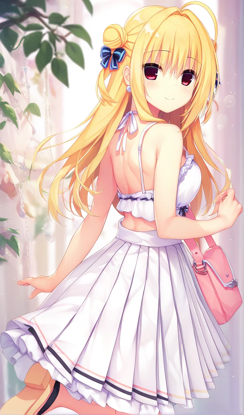 1girl,hiyori-default,hiyori-default,red eyes,blonde hair, double bun,ahoge, long hair, Halter neck camisole, (backless camisole:1.3), light pink pleated skirt, thin-strap sandals, simple pendant, pearl earrings, and small chain shoulder bag, One person, smiling, From behind