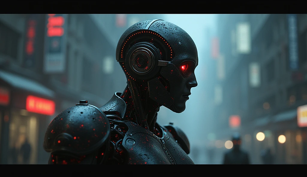 a humanoid woman with a white head and a black face in a dark room with a red light behind him, Cedric Peyravernay, unreal engine 5 highly rendered, cyberpunk art, les automatistes, raw photo of  detailed skin, clear face,  <lora:biomechanicals_v2:1>