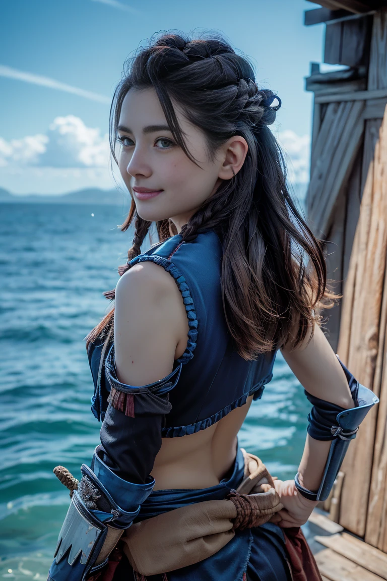 (8k, RAW Photos,Best Quality, High resolution:1.1), (Ultra-realistic:1.4),(Realistic, Realistic:1.3),The Beauty of Japan、1 person、((smile:1.2))、AloyHorizon, long hair,hair ornament, navel, weapon, braid, outdoors, parted lips, sky, day, midriff, sword, cloud, water, from behind, armor, blue sky, lips, looking to the side, ocean, looking away, thick eyebrows, shoulder armor, sheath, rope, freckles, hand in own hair, rock, realistic, dreadlocks
