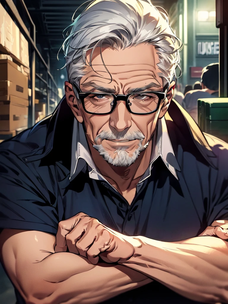 (Best Quality, Artwork, 8k, Realistic, Cinema Lighting, 1:4. HDR images, Very detailed, Beautiful photos), ((Wrinkled elderly man)), age 58、so beautiful, ((Cold look)), Silver Hair, Black Eyes, Perfect Face, ((Navy blue work clothes、Forensic investigator)), White skin、Shifter Frame Glasses、Square Frame Glasses、Diagonal bangs, Short Hair,Warehouse district at night、Pier、((Arms crossed))solo, happiness/joy, smile, 