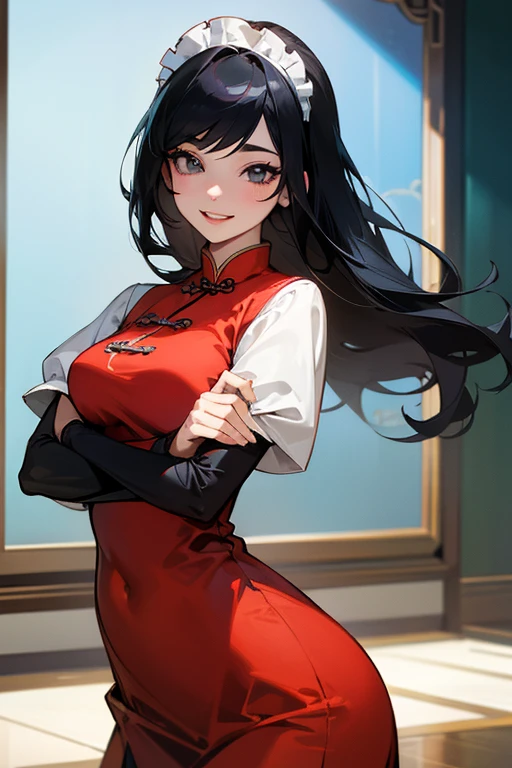 (High quality, High resolution, Fine details), BREAK (White Room), solo, curvy adult women, BREAK Black hair, Graceful hairstyle, sparkling eyes, (Detailed eyes:1.2), Natural Makeup, smile, blush, Sweat, Oily skin, BREAK Red long dress, Soft tones, shallow depth of field